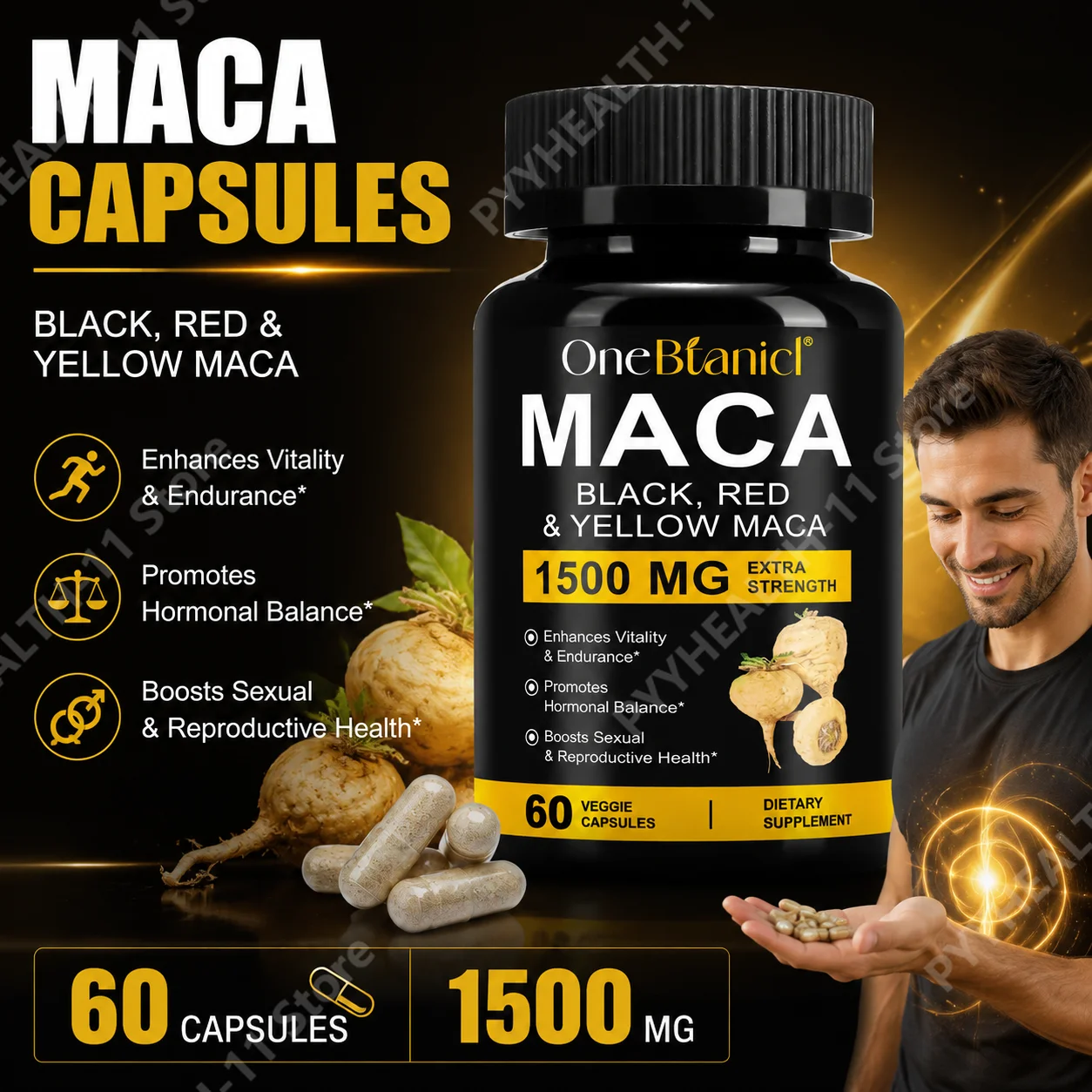 OneBtanic Black Maca Root Capsules,Enhances Sexual Potency,Vitality and Endurance,Promotes Concentration & Mental Clarity,60 Pcs