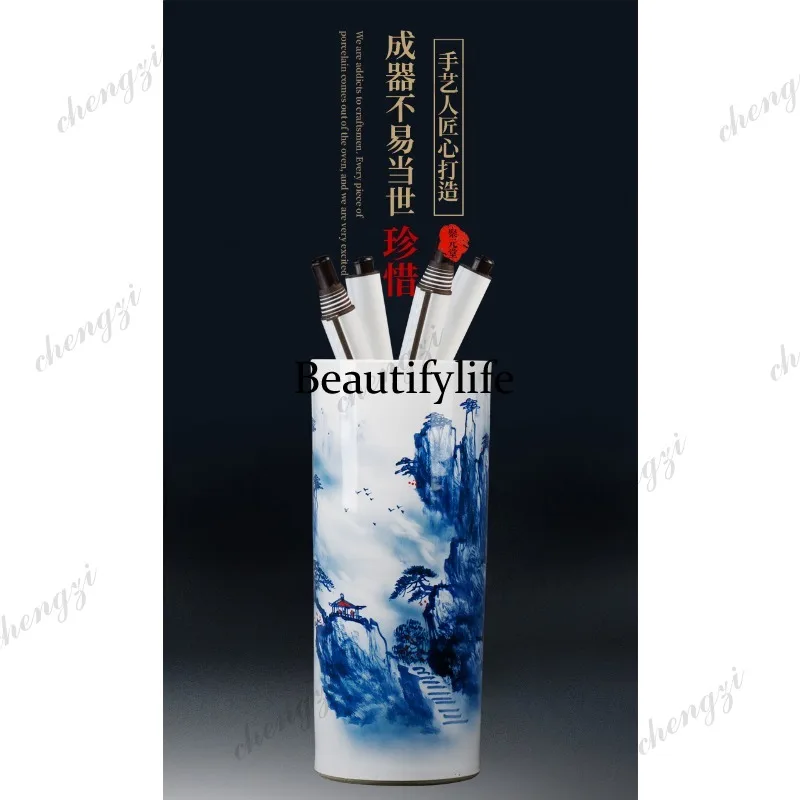 A95 Jingdezhen Ceramic Blue-and-White Vase, Calligraphy and Painting Scroll Tank, Study Storage Tube Floor Ornament