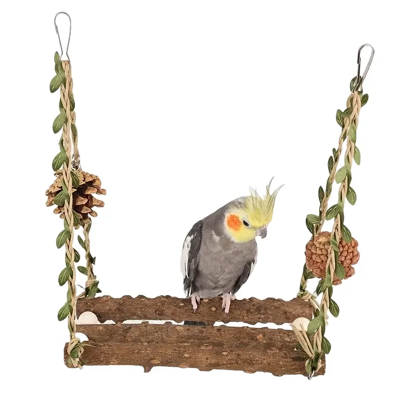 Wooden Hanging Bird Cage Swing with Perch, Chew Toy, and Climbing Ladder, Multi-functional Parrot Toy for Lovebirds and Macaws (