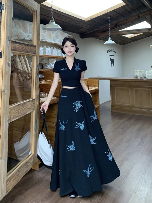 

plus Size Women's V-ne ort Sve T-irt High Waist f-length Skirt Set Summer New Sle Korean Version Slim...