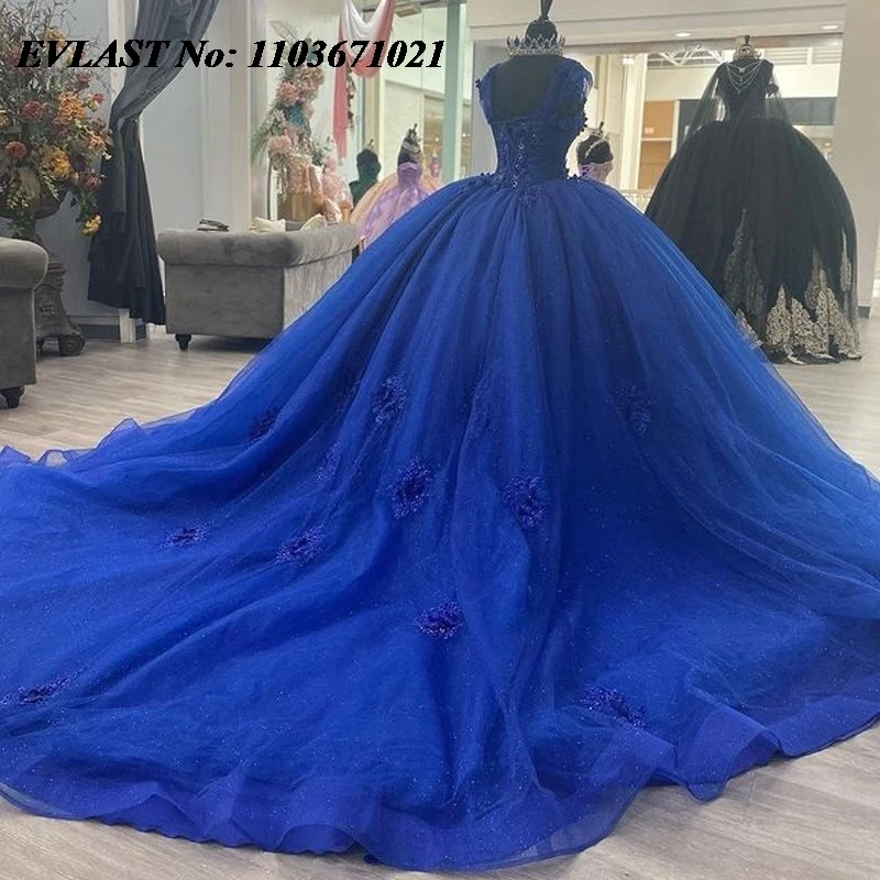 EVLAST Mexico Royal Blue Quinceanera Dress Ball Gown Lace Applique Beading Crystal Corset Sweet 16 Vestidos De XV 15 Anos SQ67