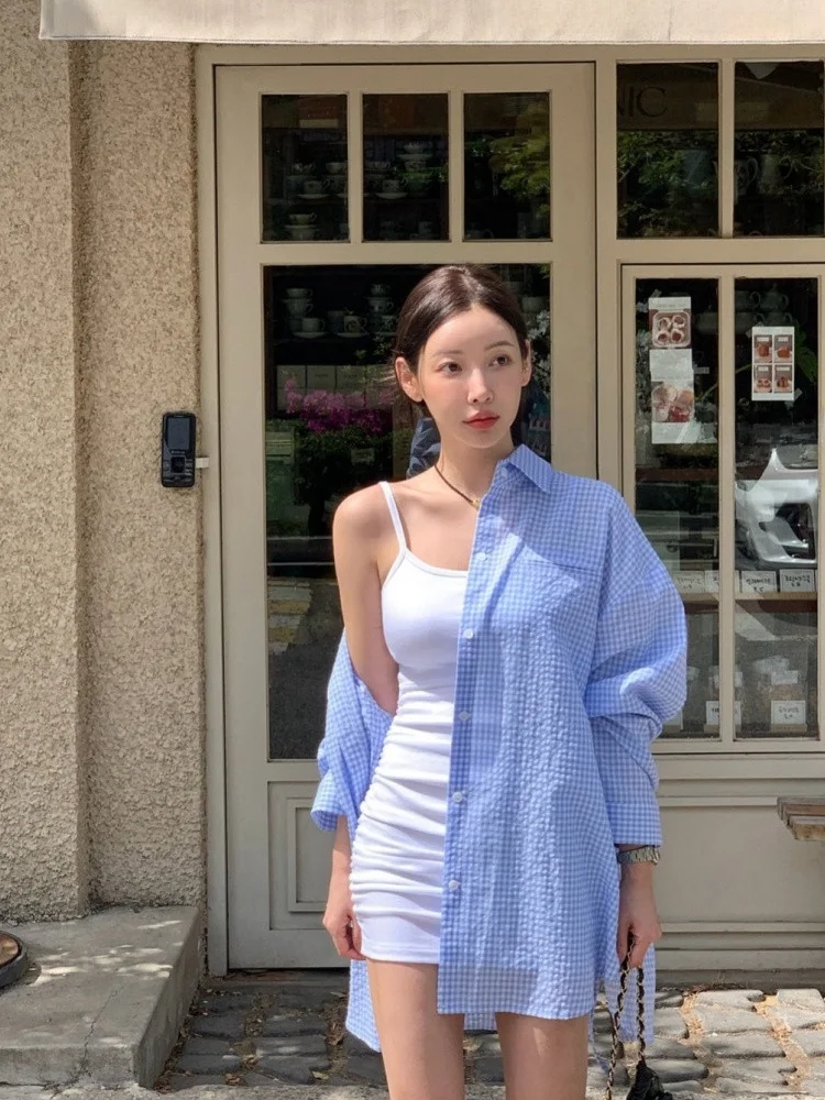 

Korean Sle Loose Women's Long Sve irt Sun Protection Plaid Design Ba Tie Top Collar Regular Length Summer Faion
