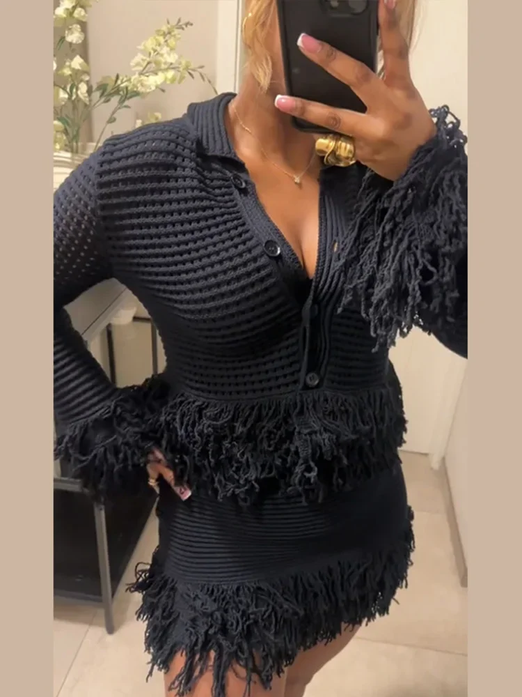 

Sexy Knitted Tassel Top Skirt Women Set Long Sleeve Lapel Single Breasted Tops Pleated Mini Skirts Fashion Solid Lady Suit