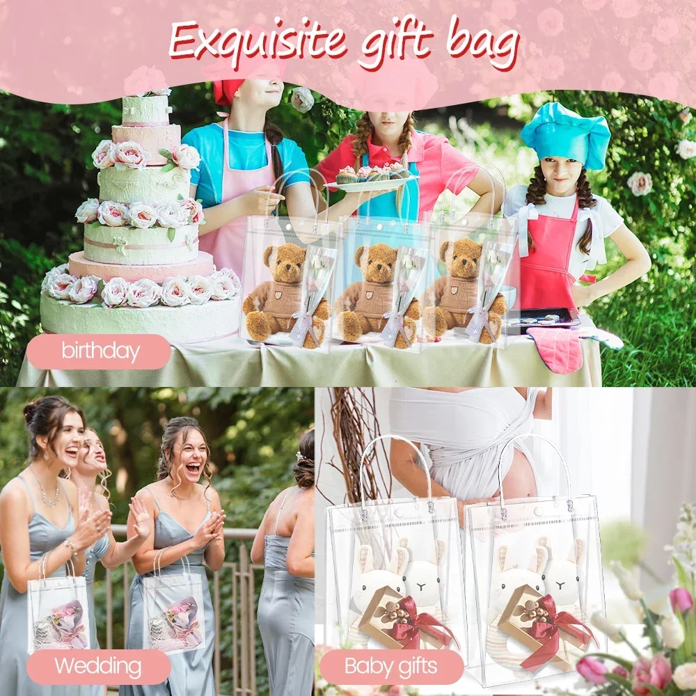 Clear PVC Gift Bags with Handles Reusable Plastic Wrap Tote Bags Transparent Shopping Bag for Christmas Party Favors Merchandise