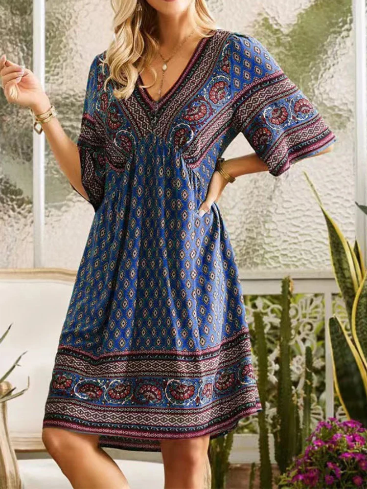 Verão Boho Mini Vestido Para Mulheres Vintage Casual Loose Holiday Vestido Curto Feminino Retro V-neck Estilo Nacional Beach Sundress 2023