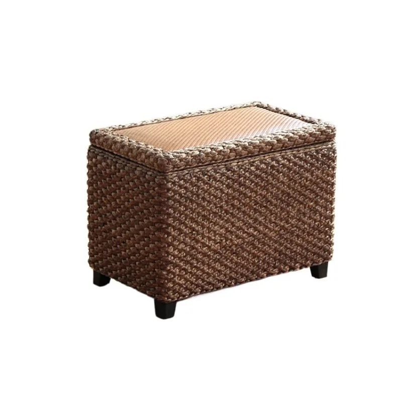 Rattan Storage Ottoman Bench, 2-in-1 Woven Shoe Bench with Seat, Solid Wood Organizer for Living Room Home, Entryway Space Saver