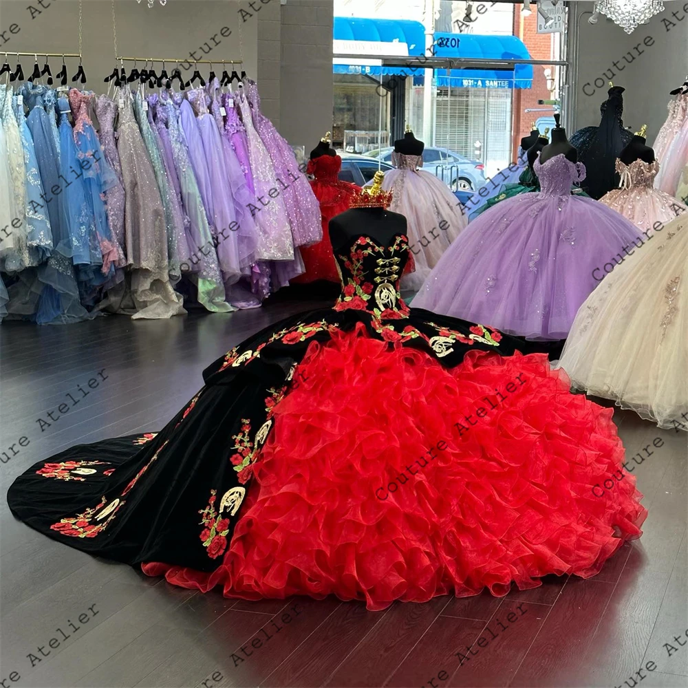 Red Ruffels Black Velvet Roses Embroidery Quinceanera Dresses For Girl  Ball Gown Dress For Sweet 15 16 Sweetheart vestidos