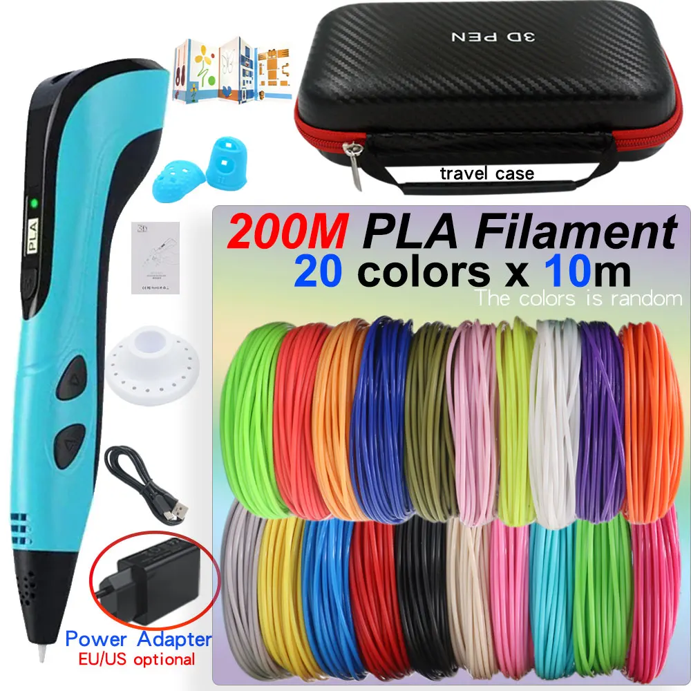 3D Painting Pen Set for Children with Power Adapter 200M 30Colors PLA Filament Travel Case Birthday Christmas DIY Gift for Kids