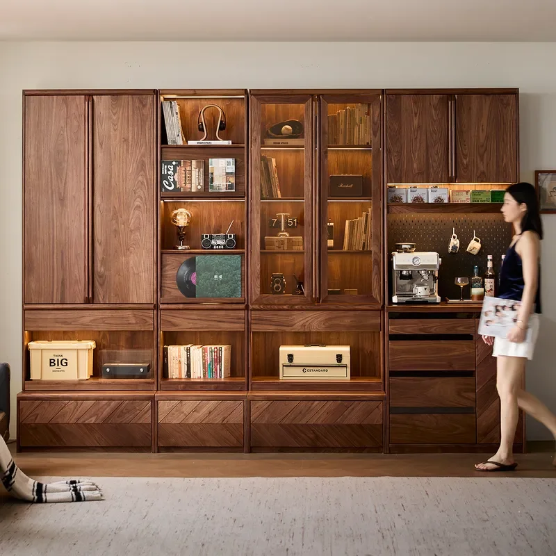 North American black walnut full wall bookcase dining side cabinet solid wood combination integrated to top storage living