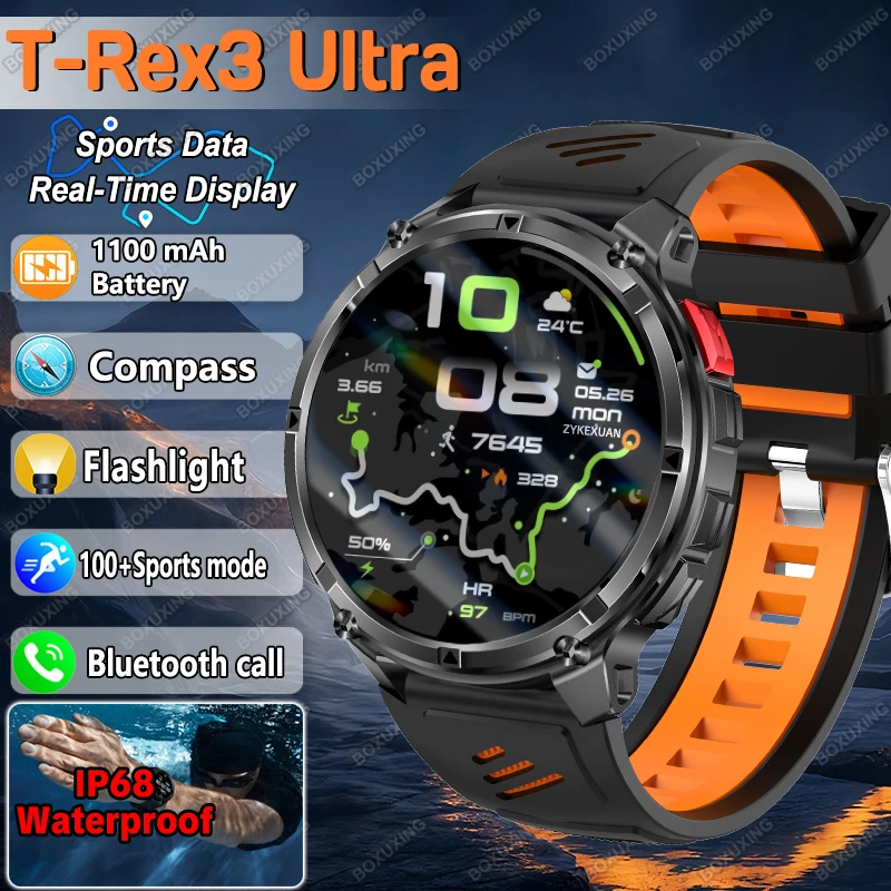 

2026 New T-Rex3 Ultra Military Smart Watch 1100mAh Battery GPS Path IP68 Waterproof Sports Tracker Outdoors Compass Smartwatch