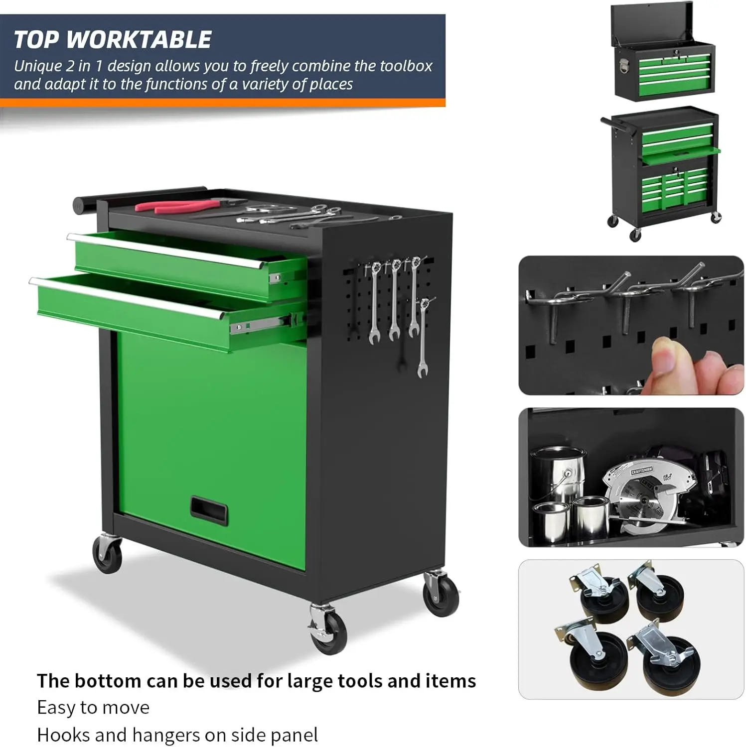 Rolling Tool Box, Lockable Rolling Tool Chest with Wheels and Drawers, 2 in 1 Large Capacity Storage Tool Cabinet for Garage, Wa