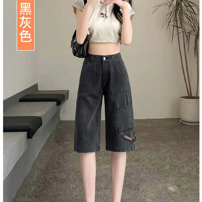Y2K Blue Washed Cargo Wide Leg Shorts 2026 Women High Waist Pocketed Jeans Shorts New Knee Length Casual Summer Denim Pants Lady view 3