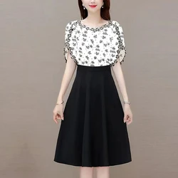 Summer New Fashion Short Sleeves Dress Fragmented Flower Fake Two Piece Waistband Women's Patchwork Zipper Casual Loose Dresses