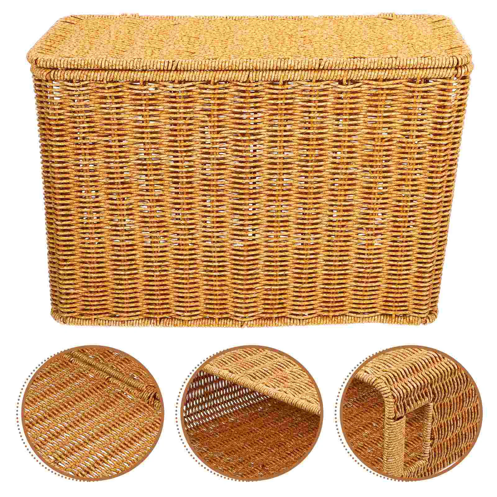 

Wicker Trash Can Narrow and Tall Storage Box with Lid Weaving Baskets Household Handle Picnic