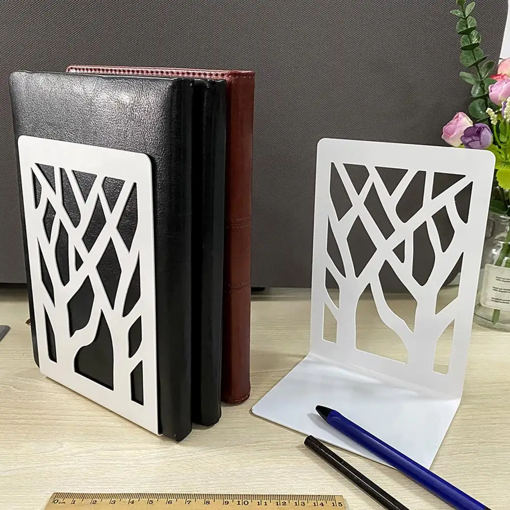 1 Pair Book Ends Hollow Out Bookend Supports Stable Black Stand Iron Metal Bookends for Folders Hotel Home Desk Stationery