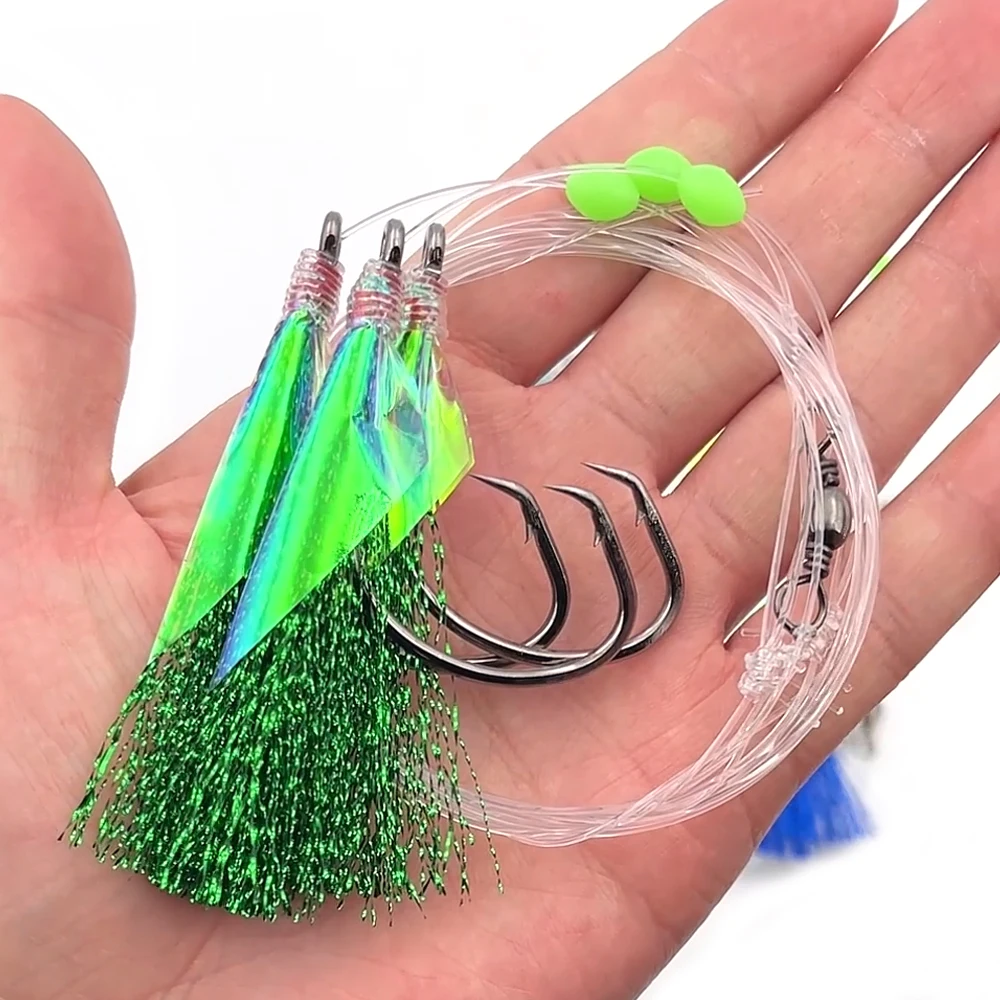 6 Pacotes de Iscas Artificiais Sabiki com 3 Anzóis Fortes 3/0 - 8/0, Flasher Grande, Pele de Peixe, para Pesca de Pargo e Bacalhau, Cores Vermelho, Amarelo e Azul