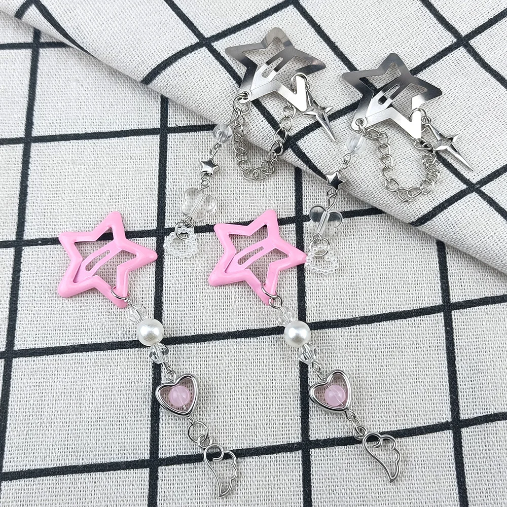 2pcs Korea New Fashion Five-pointed Star Tassel Side Hair Clip Female Creative Handmade Sweet Girl Hair Y2k Butterfly Hairpin view 4