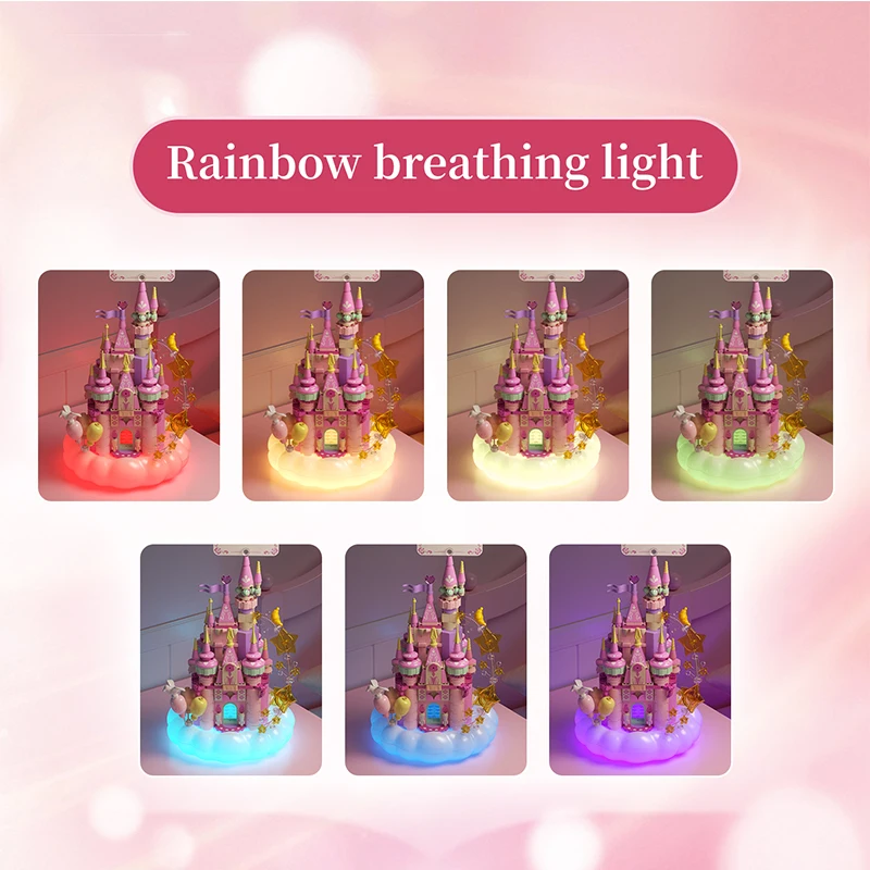Romantisches Wolkenprinzessinnen-Schloss Bausteine mit Regenbogen-Atmungslichtern DIY Architektur-Spielzeug Schreibtisch-Geschenke für Mädchen