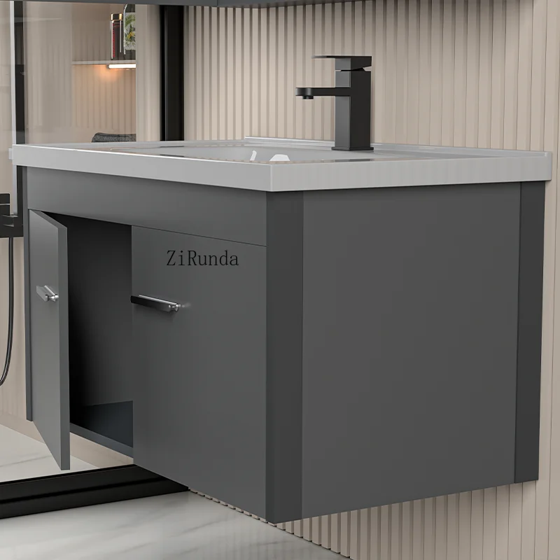 Mueble de baño blanco roto montado en la pared con espejo inteligente moderno de lujo suspendido de aluminio