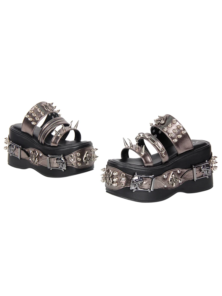 2026 New Product Lolita Heavy Industry Rivet Decorative High Heels Sweet Retro Lolita Gothic Style Sponge Slippers