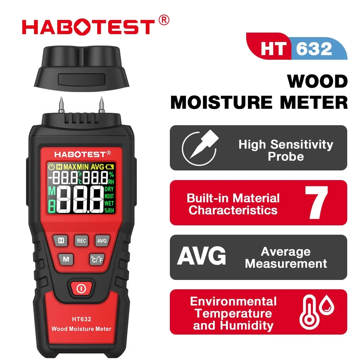 HABOTEST HT632 Wood Moisture Meter, Digital Hygrometer with Dual Pins for Walls, Concrete, Cement, and Brick.