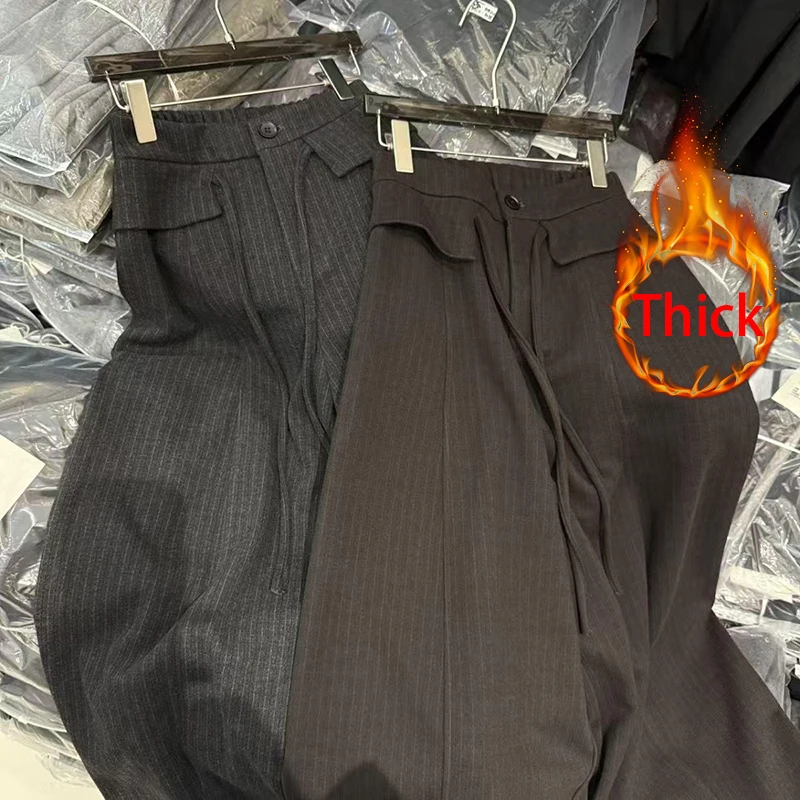 

MEXZT Fleece Striped Wide Leg Pants Women Streetwear Baggy Suit Pants Winter Korean High Waist Casual Thicken Straight Trousers