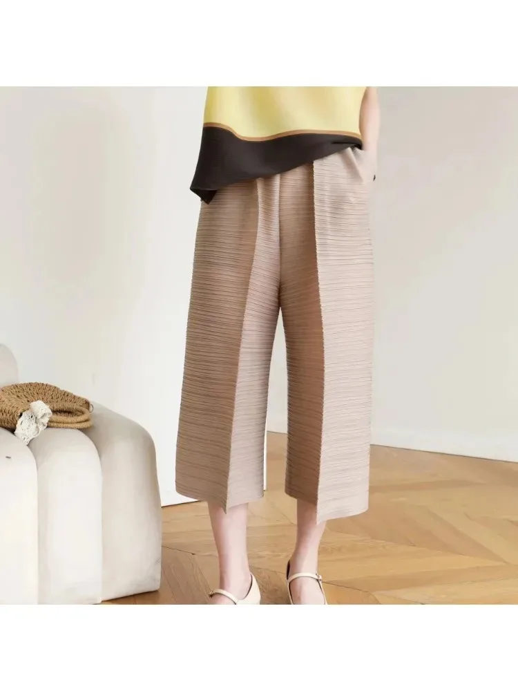 

Miyake однотонные плиссированные брюки, женская модная тенденция, новинка лета 2025 года, свободные укороченные брюки с силуэтом