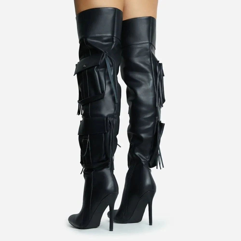 Women Brown Black Pu Leather Pointed Toe Stiletto Boots Sexy Pocket Over The Knee WomenThigh High Boots  Tassel Decor Long Boots