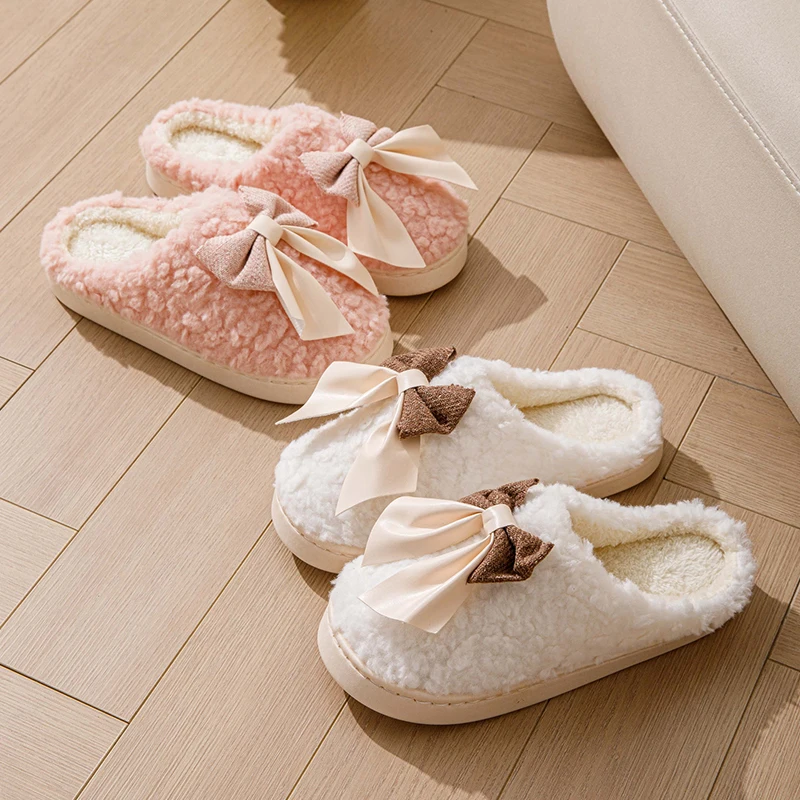 

Autumn and winter cotton slippers, butterfly knot confinement shoes, women's thick anti slip home anti slip cotton shoes