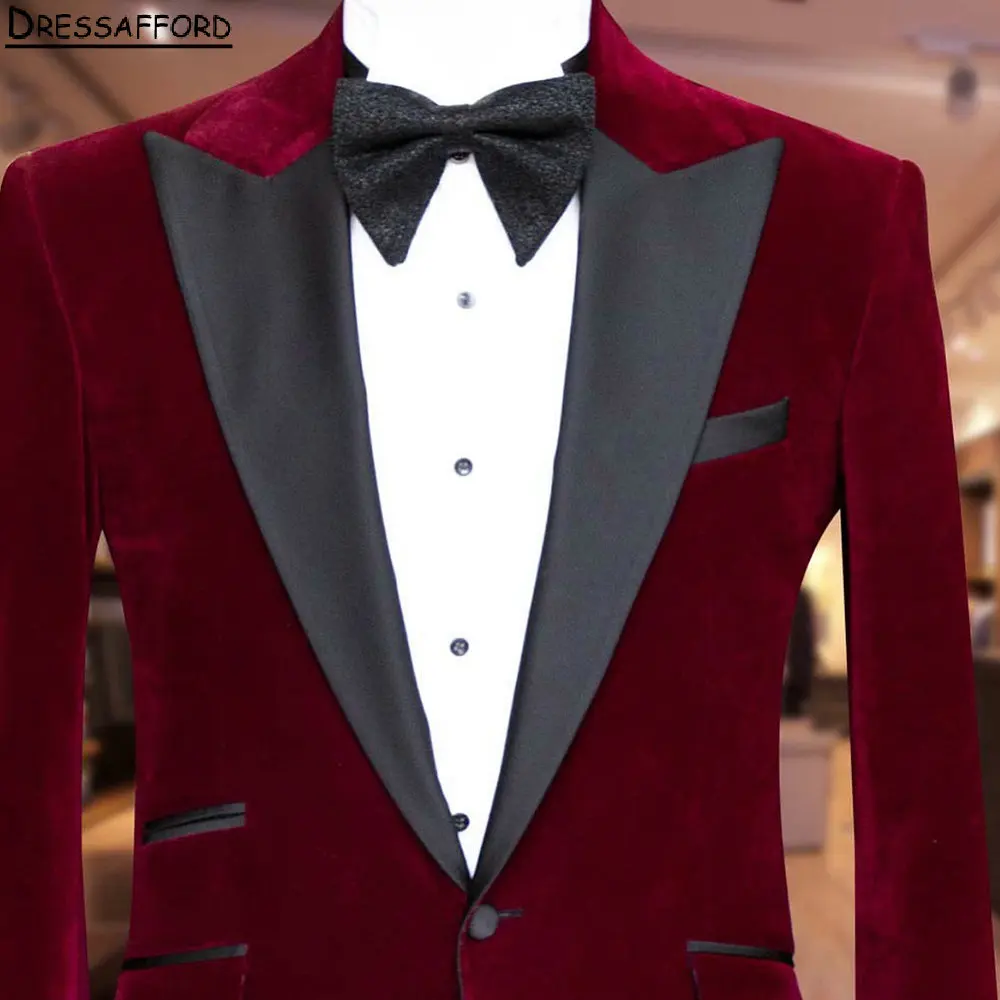 Burgundy Velvet Men Suits For Wedding Groom Tuxedos 2 Pieces Jacket Pants Prom Blazers Customized