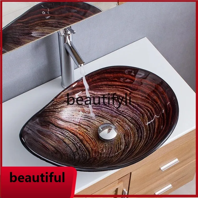 

f156 Bathroom tempered gla wash basin Hotel creative art oval water drop platform basin B & B basin blue