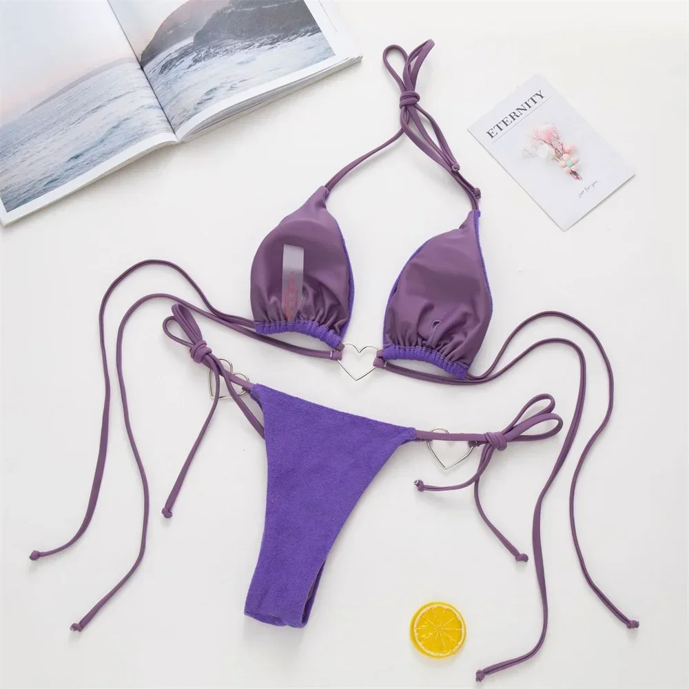 Purple Bikini Set Heart String Swimsuit Thong Women Two Piece Trend Beach Swimwear Bathing Suit Bikinis Vacation Outfits Biquini