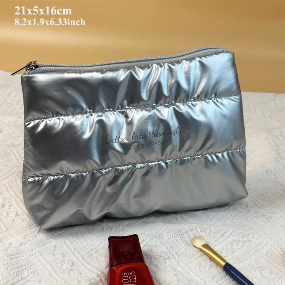 

New Shiny Fluffy Makeup Bag Zipper Pouch Quilted Puffer Cosmetic Bag Large Capacity Toiletries Skincare Storage Bag Travel