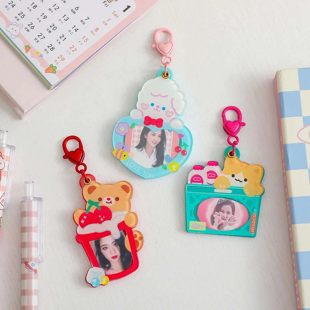 Cartoon Photo Frame Keychain DIY Clear Insert Photo Split Card Holder Cartoon Picture Keyring Cat Blank Photo Frame Pendant