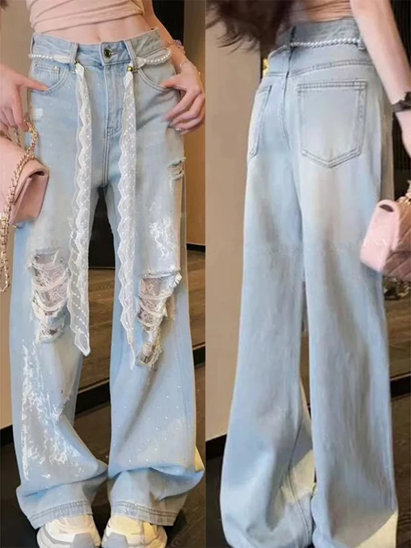

Корейские джинсы-стрейч из денима с кружевом, прямые, женские, свободные, широкие брюки, весенние, для прогулок, с высокой талией, длинные, повседневные, стильные
