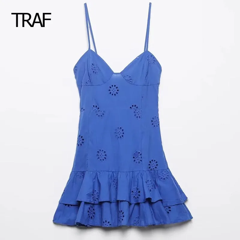 

TRAF Embroidered Cutwork Dress Women Dresses Spring Mini V-Neck Sleeveless Backless Slip Dresses Elegant Luxury Celebrity Dress