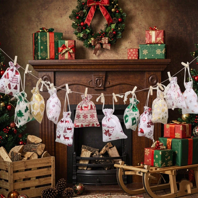 Paquete de 10 Bolsas de Regalo de Algodón Bronceado de 10x14/13x18cm, para Fiestas, Dulces, Bocadillos, con Diseño de Copo de Nieve y Alce, Disponible en Varios Diseños
