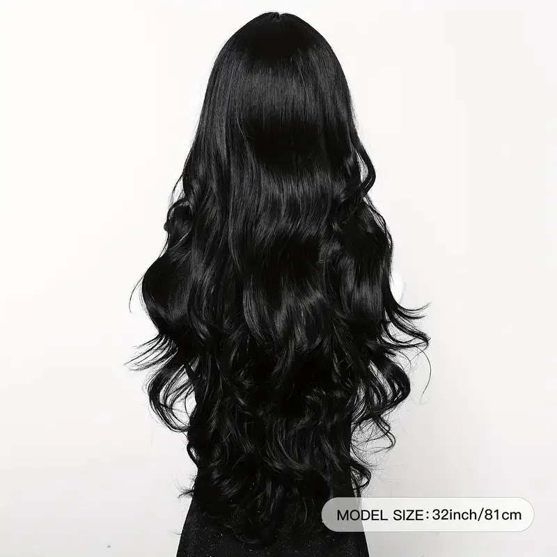 Peluca sintética negra con cabello largo dividido al medio y ondas grandes, para fiestas o uso diario, con gorro de fibra sintética de alta temperatura 2