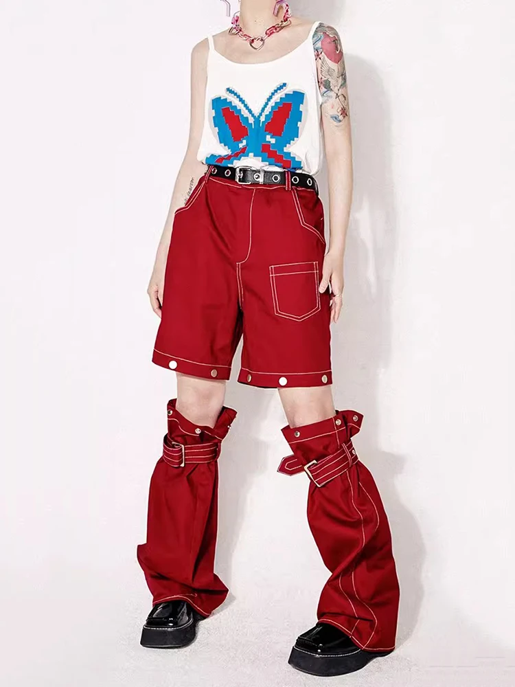 ReddaChic Hip-hop Women Red Cargo Pants 2-In-1 Detachable Baggy Jeans Y2k Wide Leg Jorts Trousers 90s Retro Skater Streetwear