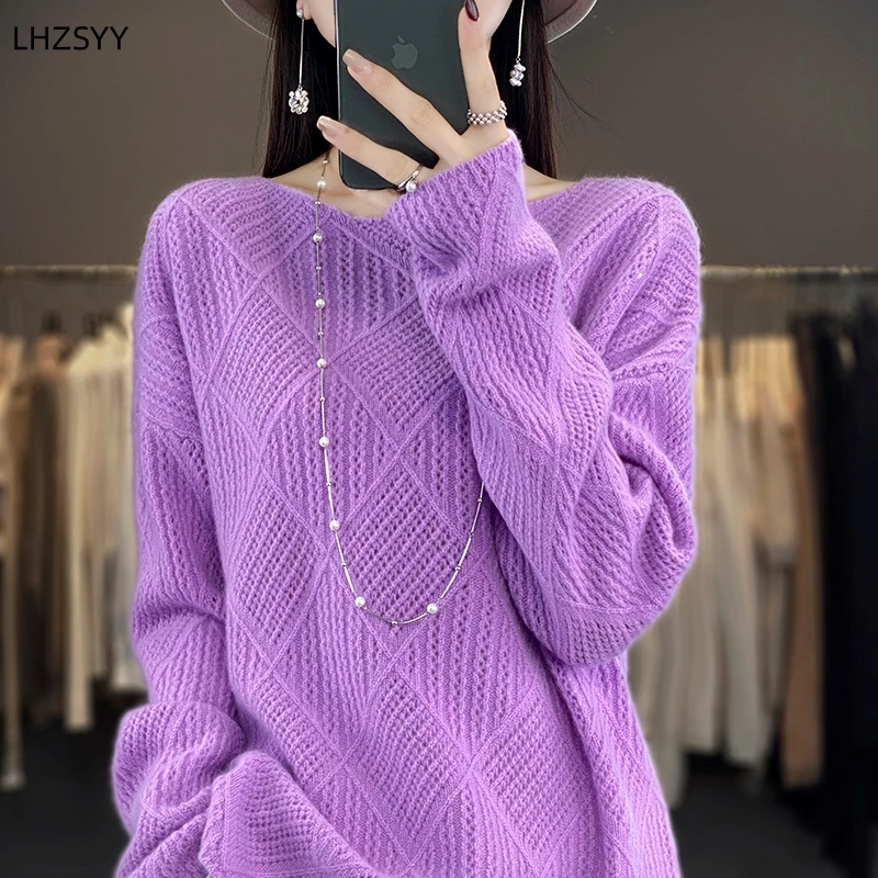 LHZSYY Ladies\' New Cashmere Sweater Word Neck Jacquard Knit Pullovers Solid Loose Large size Tops Autumn Winter Wool Warm Blouse