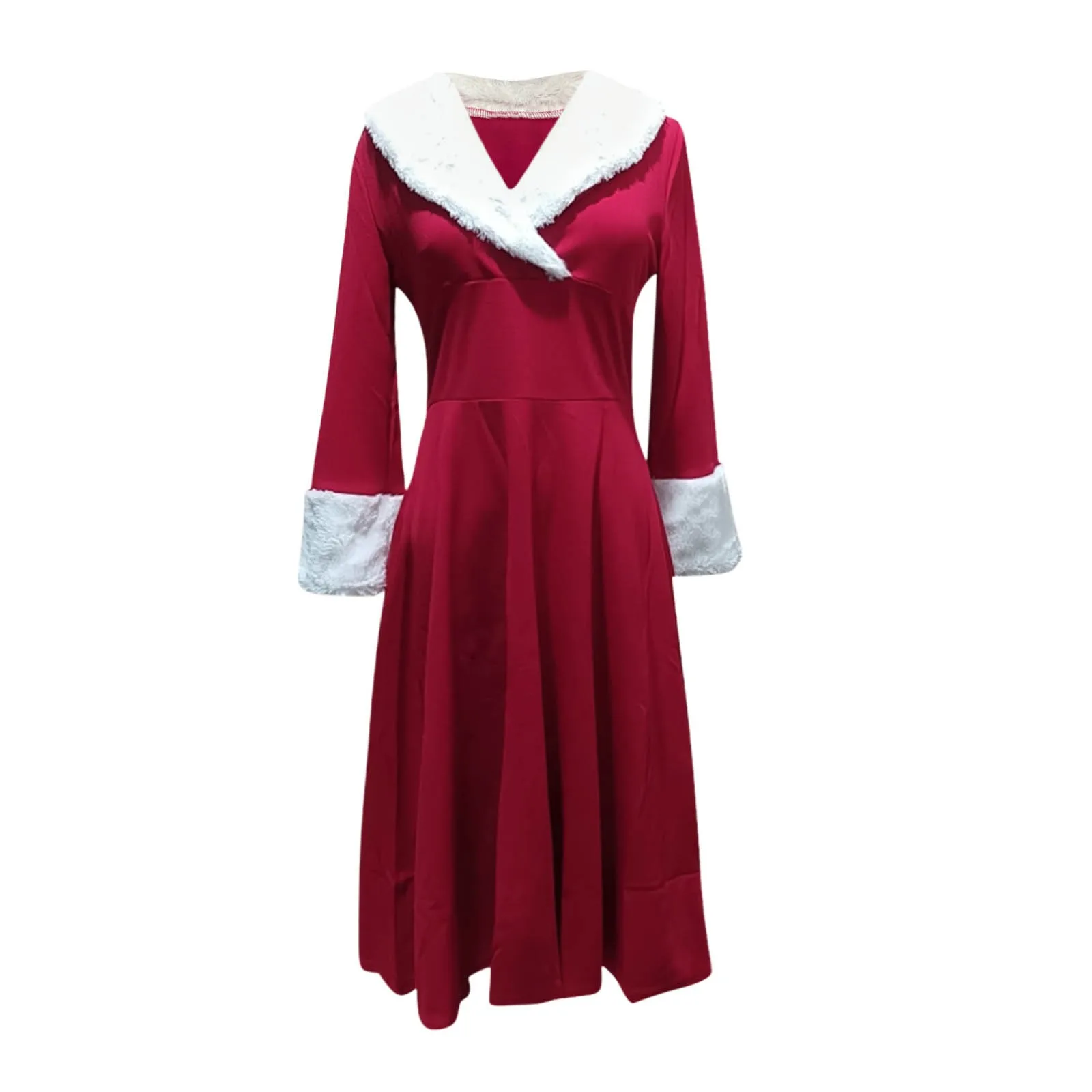 New Year Christmas Dress Women Christmas Sexy Costume Long Sleeve V Neck Plush Warm Party Pleated Elegant Tunic Swing Dresses