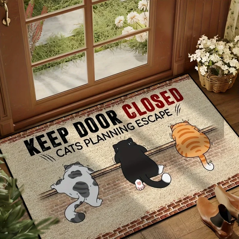 Newest Doormat Funny Cat Escape Slogan Brick Wall Print Flannel Doormat Non Slip Pet Lover Front Door Mat