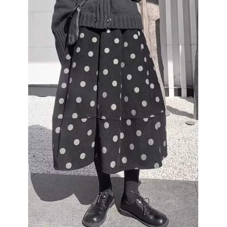 เอวสูงพิมพ์ดอกไม้ f กระโปรงผู้หญิงฤดูใบไม้ร่วงใหม่ Retro Polka Dot Corduroy ยาวสายกระโปรงร่มเดินทาง Sle