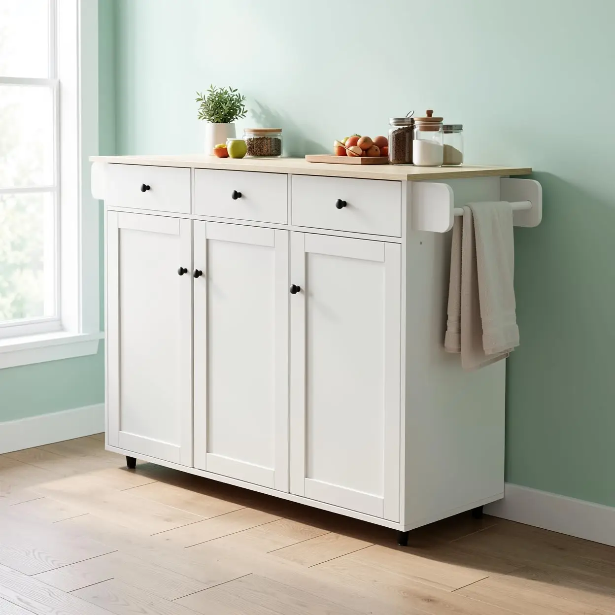 White Kitchen Island Cart with Drop Leaf, 3 Drawers & 4-Door Cabinet, Locking Wheels & Towel Bar, 45.3