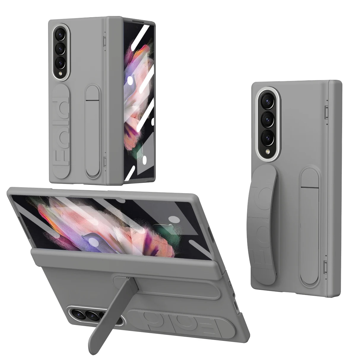 

For Samsung Galaxy Z Fold 3 Case Silicone Wristband Bracket with Tempered Glass Hinge Folding Shockproof Hard Cover Accessories