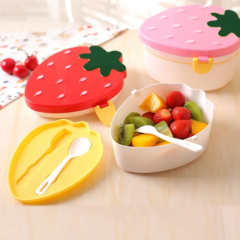 500ml Strawberry Shape Lunch Box,2 Layer Food Fruit Storage Bento Boxs Red Pink Microwave Tableware Kid Cute School Bowl