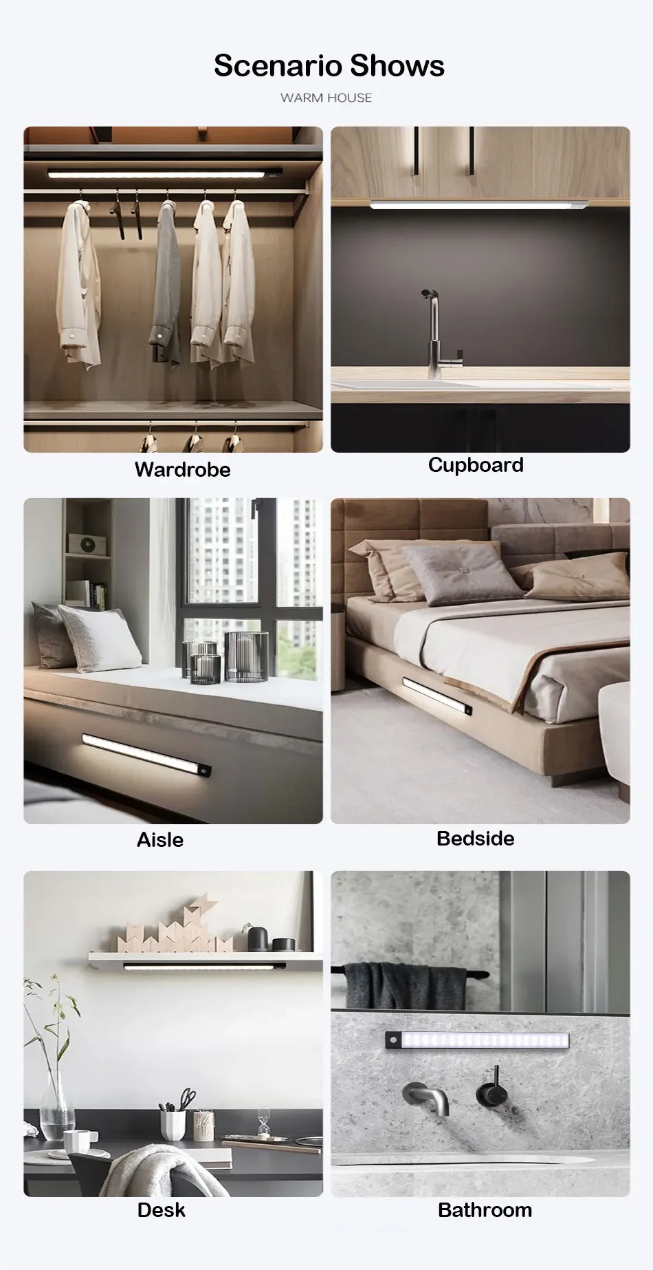 Ultra-thin USB Rechargeable Motion Sensor Cabinet Light Wireless 3 Colors Dimmable LED Closet Wardrobe Lights Lamp 20/30/40CM