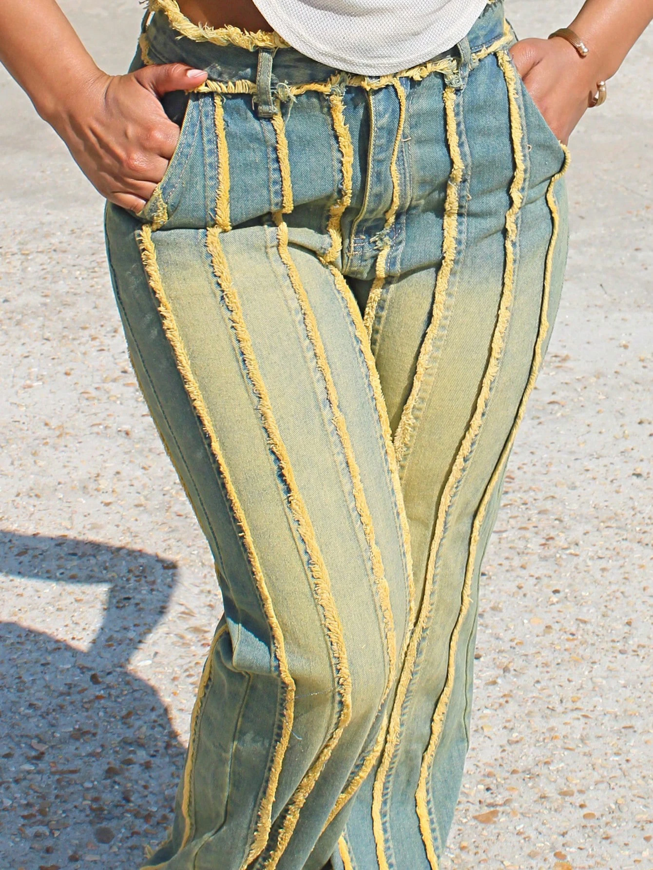 Women Spliced Denim Jeans Multi-layer Wash Dye Stretch Long Pants American Vintage Versatile Mid Waist Streetwear Trousers