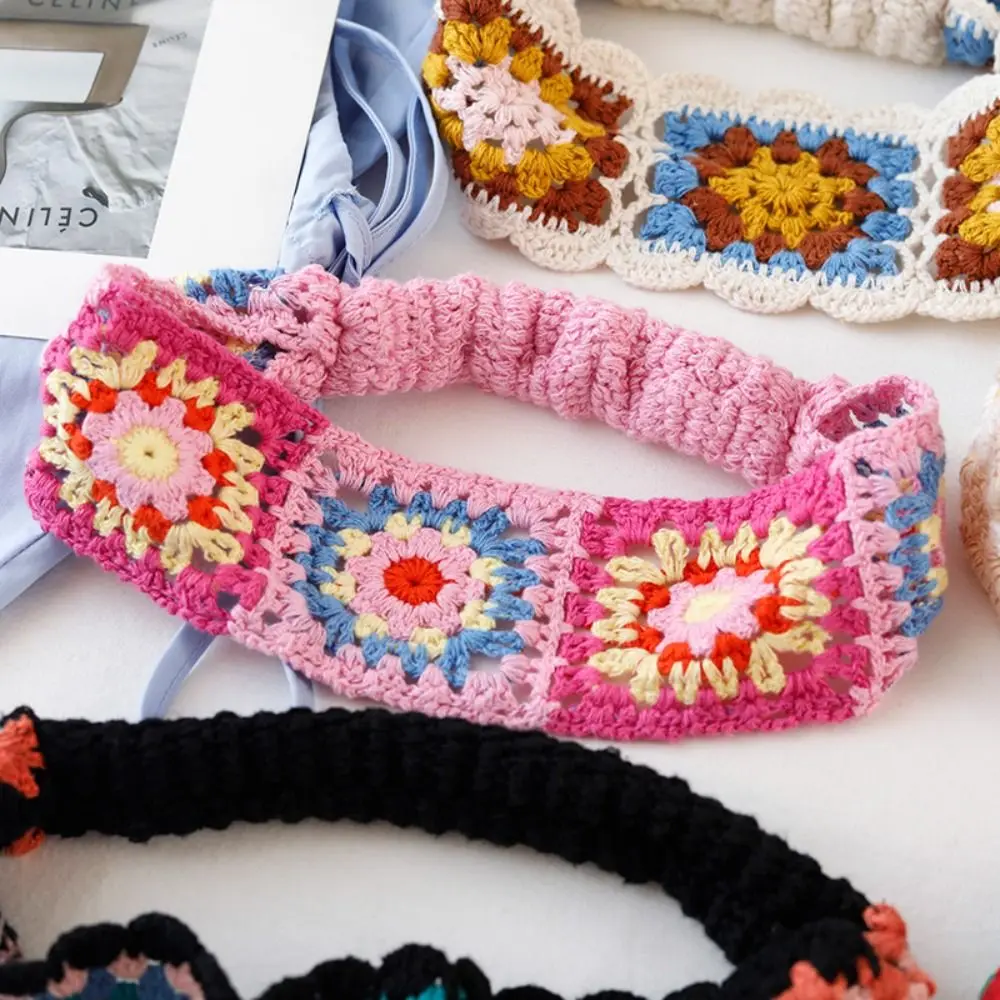 Cute Flower Knitted Headband Bohemian Colorful Hollow Crochet Bandana Pastoral Beach Headwear Ethnic Style Hair Band Travel