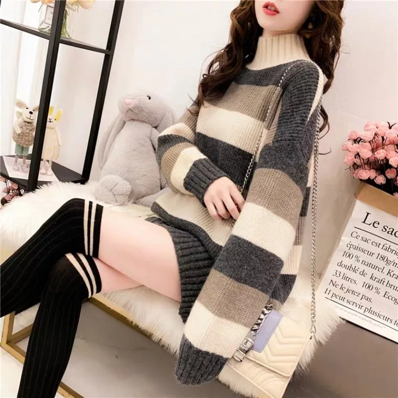 

Autumn Winter Long Sleeve Striped Pullover Sweater Women Knitted Shirts Female Fashion Knitwear Casual Mock Neck Sweaters Tops
